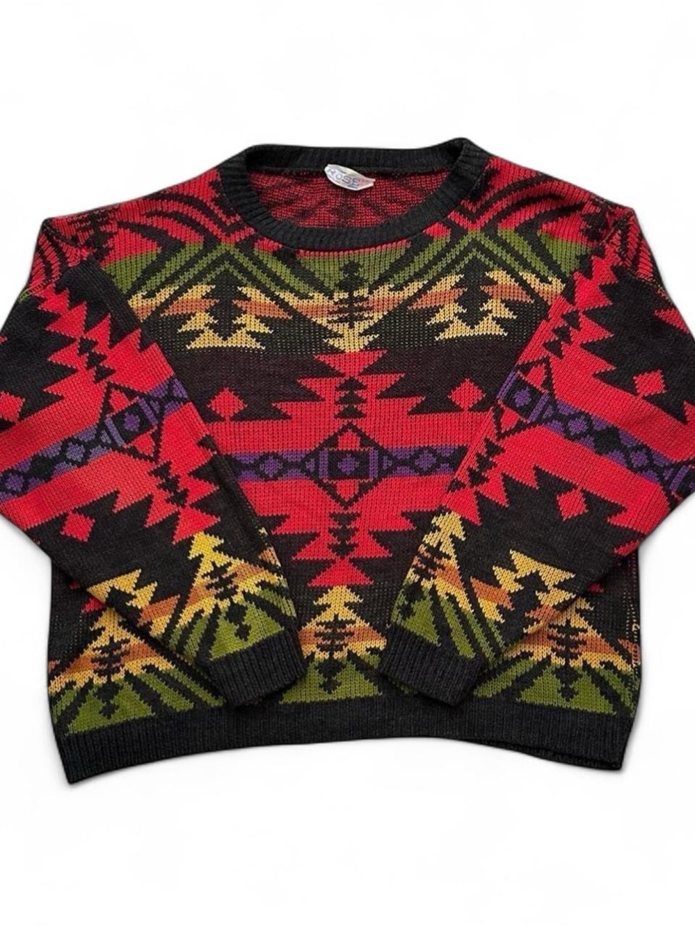 Vintage 1990s Women's Black Aztec Pattern Crewneck Sweater M